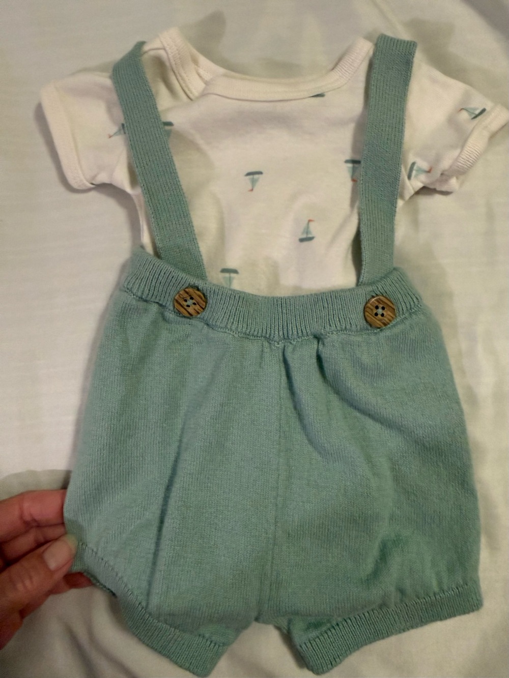 Newborn Knit Suspender Romper in Light Teal